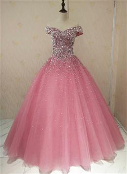 Picture of Lovely Pink Tulle Off Shoulder Sweet 16 Party Dresses, Long Formal Gown